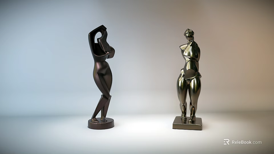 Carved Metal Human Figure Sculptures With Shiny Surface And Different Poses 3d model 
