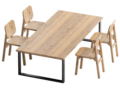 Kids Table with Wooden Top Black Metal Legs and Four Wooden Chairs Simple Design 3d model