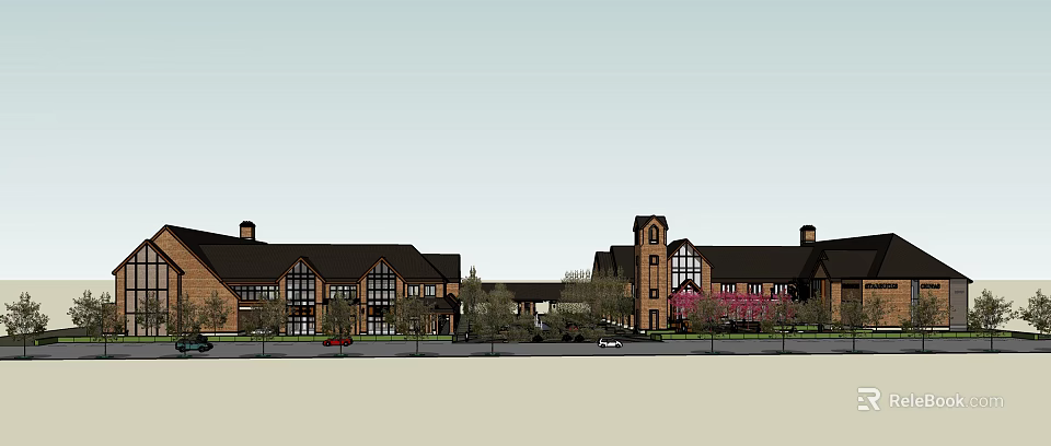 Modern Traditional Commercial Complex With Red Brick Tower Large Windows And Greenery 3d model