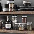 Kitchen Utensils Organized on Wooden Shelves with Black Jug Glass Jars Spices Mortar and Bowls