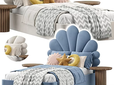 Cute Blue Kids Bed With Scallop Shaped Headboard Chevron Blanket Star Moon Pillows 3d model
