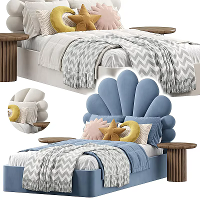 Cute Blue Kids Bed With Scallop Shaped Headboard Chevron Blanket Star Moon Pillows 3d model