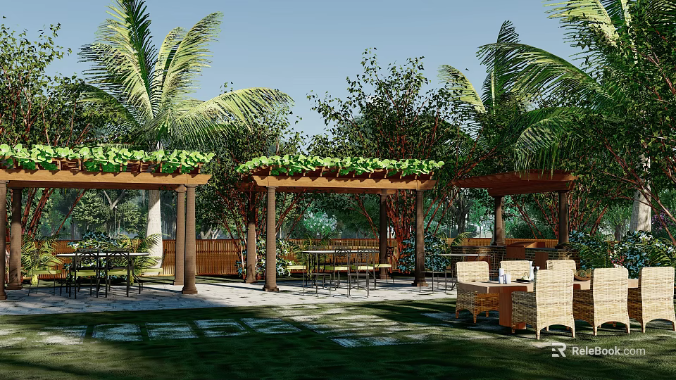 Outdoor Pergola With Green Plants On Top And Palm Trees Around Leisure Area 3d model 