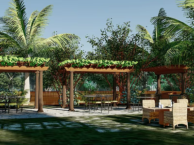 Outdoor Pergola With Green Plants On Top And Palm Trees Around Leisure Area 3d model