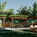 Outdoor Pergola With Green Plants On Top And Palm Trees Around Leisure Area