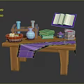 Wooden Table with Open Purple Book Green Books Blue Vase Red Bowl and Purple Cloth
