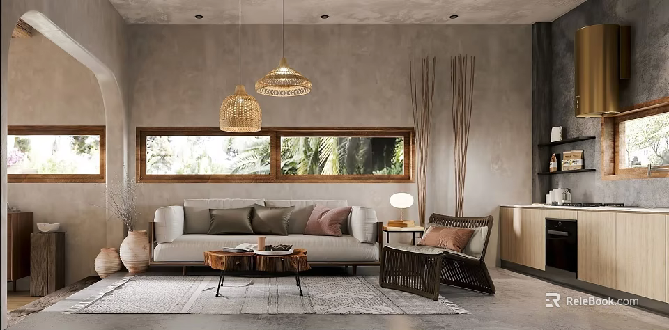 Modern Living Room Interior With Woven Pendant Lights Window Green Plants Sofa And Rattan Chair 3d model 