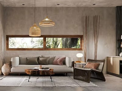 Modern Living Room Interior With Woven Pendant Lights Window Green Plants Sofa And Rattan Chair 3d model