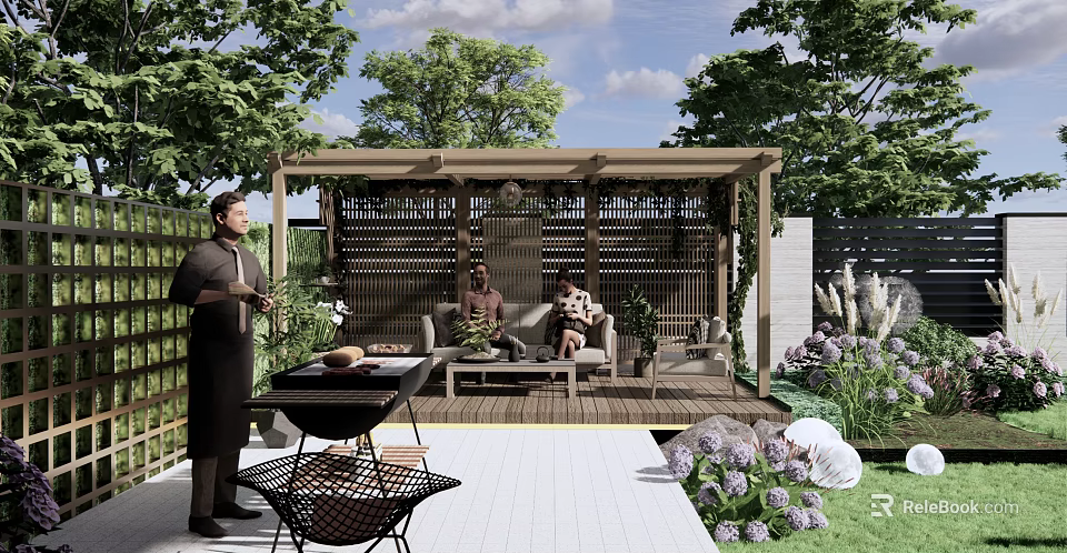 Outdoor Pergola in Backyard Patio with Seating Area Grill and Greenery for Relaxing Gatherings 3d model 