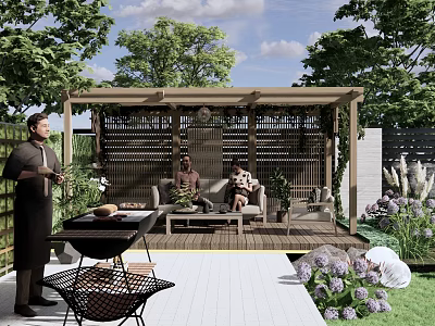 Outdoor Pergola in Backyard Patio with Seating Area Grill and Greenery for Relaxing Gatherings 3d model