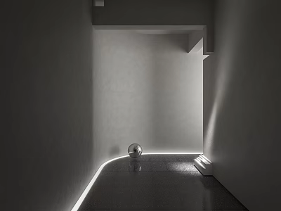 Minimalist Modern Corridor With Illuminated Floor Lines And Metal Sphere Decor 3d model