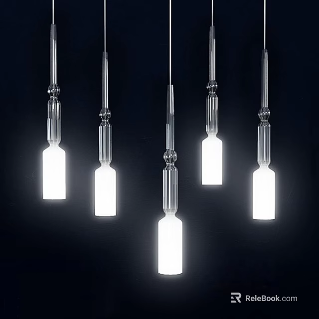Multiple Modern Transparent Glass Bottle Shaped Pendant Lights Illuminated On Black Background 3d model 