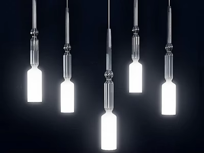 Multiple Modern Transparent Glass Bottle Shaped Pendant Lights Illuminated On Black Background 3d model