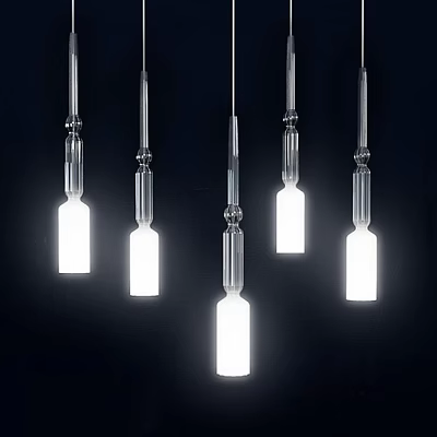 Multiple Modern Transparent Glass Bottle Shaped Pendant Lights Illuminated On Black Background 3d model