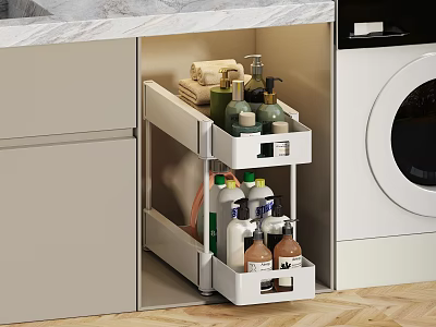 Modern Pull Out Kitchen Cabinet Storage Rack With Cleaning Supplies And Towels 3d model