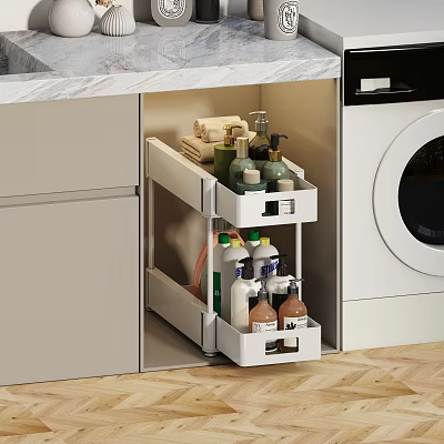 Modern Pull Out Kitchen Cabinet Storage Rack With Cleaning Supplies And Towels 3d model