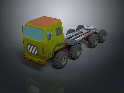 Yellow Truck Model With Orange Roof And Multiple Wheels Chassis 3d model