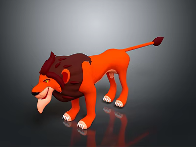 Orange Lion With Brown Mane Standing On Dark Reflective Background Showing Tongue 3d model
