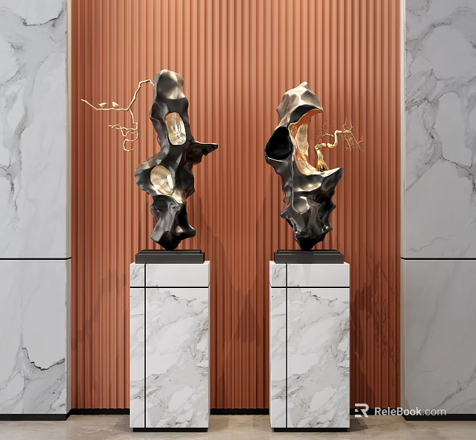 Modern Abstract Metal Texture Sculptures on Marble Bases Against Brown and White Marble Walls 3d model 