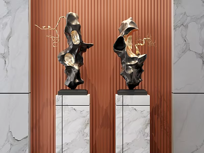 Modern Abstract Metal Texture Sculptures on Marble Bases Against Brown and White Marble Walls 3d model