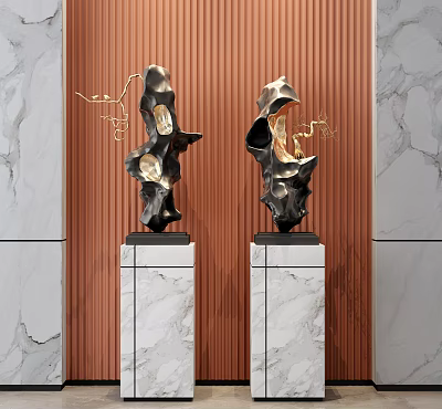 Modern Abstract Metal Texture Sculptures on Marble Bases Against Brown and White Marble Walls 3d model