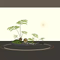 Miniature Garden Design With Green Ferns Moss Yellow Ornament And Stones