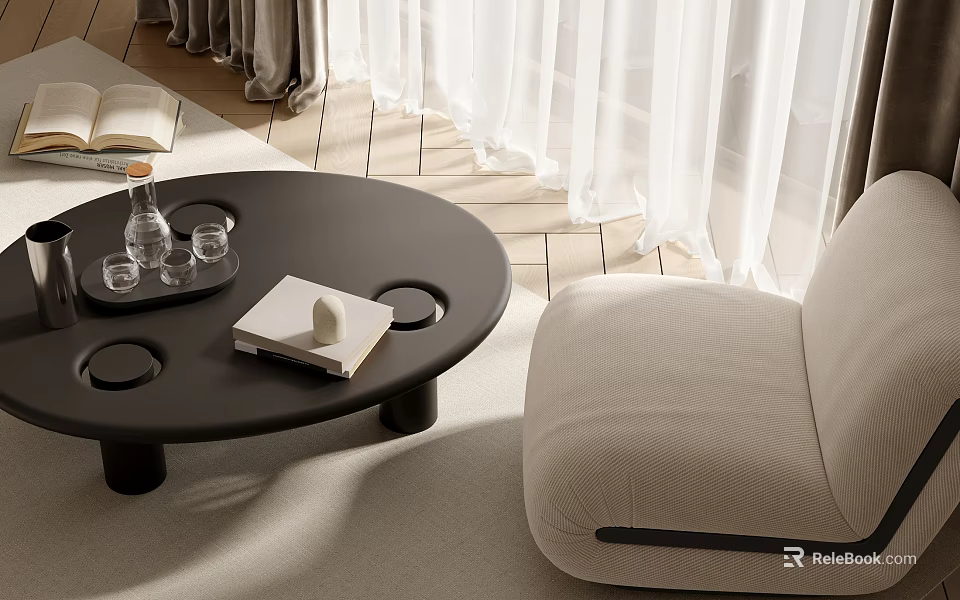 Black Round Coffee Table With Tray Book Glasses And White Decor Near Beige Sofa Chair 3d model 