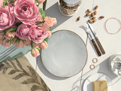 Elegant Dinnerware Set with White Speckled Plate Fork Knife Pink Roses and Almonds on Tabletop 3d model