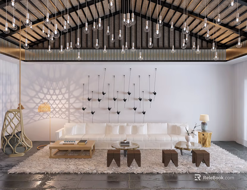 Modern Living Room Interior Design With White Sofa Wooden Coffee Tables And Chandeliers 3d model 