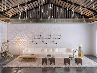 Modern Living Room Interior Design With White Sofa Wooden Coffee Tables And Chandeliers 3d model