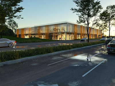 Modern Office Building With Glass Curtain Wall Trees Parking Lot And Evening Lighting Around 3d model
