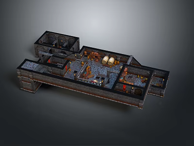 Cartoon 3D Dungeon Scene With Multiple Rooms Barrels And Interior Details 3d model