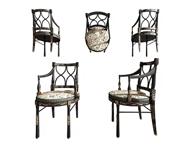 Vintage Leisure Chair With Intricate Wooden Backrest And Patterned Fabric Cushion Multiple Views 3d model
