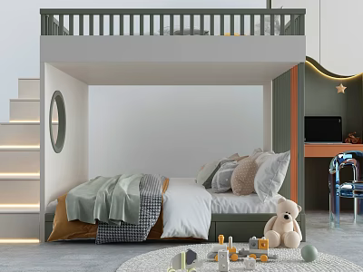 Kids Bunk Bed with Lit Stairs Pillows Blankets Toys and Study Desk 3d model