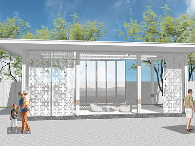Modern White Pergola Featuring Laser Cut Patterns Green Trees And Leisure Space For People 3d model