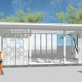Modern White Pergola Featuring Laser Cut Patterns Green Trees And Leisure Space For People
