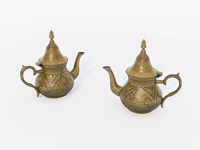 Traditional Brass Teapots With Intricate Decorative Patterns On White Background 3d model