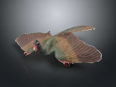 Flying Prehistoric Creature Model With Large Wings Green Brown Feathers Red Beak Claws 3d model
