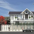 Modern Detached Villa With White Exterior Black Roof Front Yard Green Plants And Red Tree