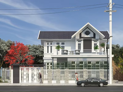 Modern Detached Villa With White Exterior Black Roof Front Yard Green Plants And Red Tree 3d model