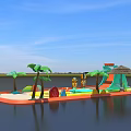 Inflatable Water Play Area With Palm Trees Thatched Roof And Colorful Slides