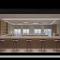 Modern Bar Interior With High Stools Large Windows Wooden Counter And Shelves