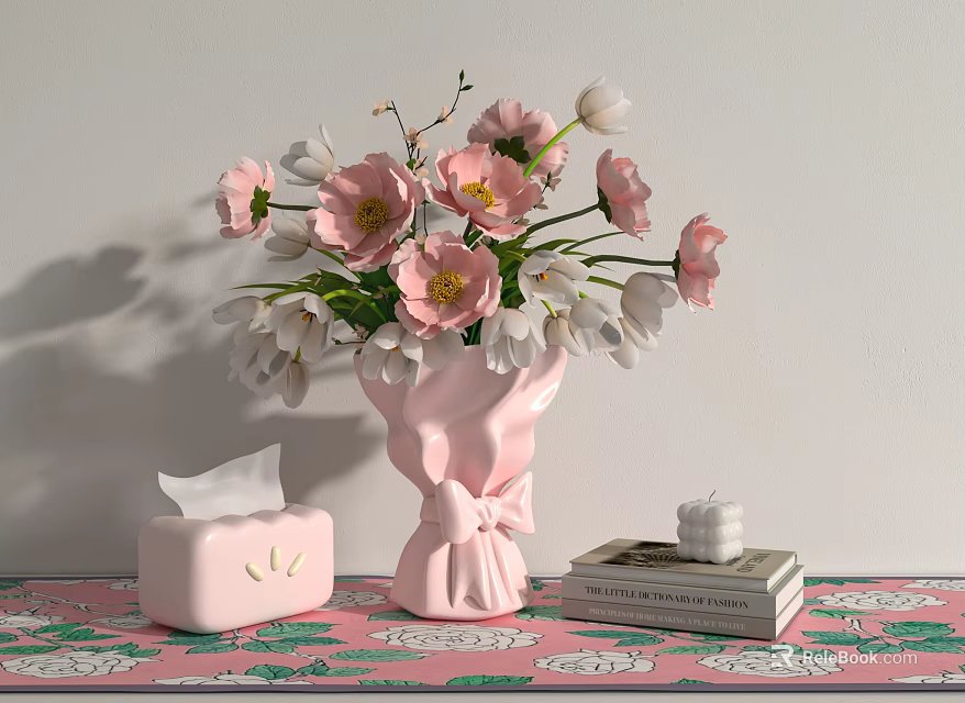 Charming Decorative Ornament Set With Pink Vase Flowers Tissue Box Books Candle On Floral Tablecloth 3d model 