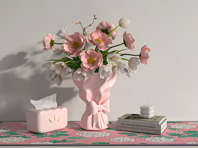 Charming Decorative Ornament Set With Pink Vase Flowers Tissue Box Books Candle On Floral Tablecloth 3d model