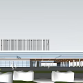 Modern Building With Glass Curtain Wall In Open Plaza With Pedestrians And Trees