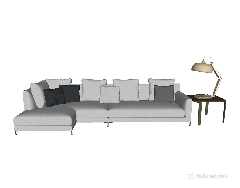 Gray L shaped Sofa and Coffee Table Set with Cushions and Side Lamp 3d model
