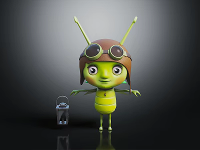 Cute Green Cartoon Creature Wearing Pilot Helmet and Goggles Standing Beside Small Suitcase 3d model