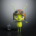 Cute Green Cartoon Creature Wearing Pilot Helmet and Goggles Standing Beside Small Suitcase