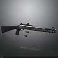Black And Silver Tactical Shotgun With Colored Ammunition On Reflective Background 3d model