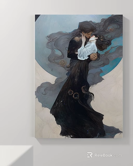 Figure Painting Of Embracing Couple In Black Flowing Dress White Blouse With Moon Background Gray Ribbons 3d model 